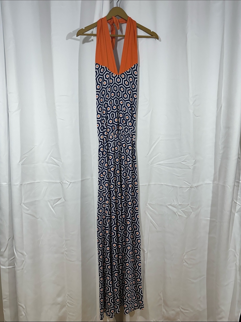 Mud Pie Convertible Geometric Maxi Dress Size Medium Orange & Navy
